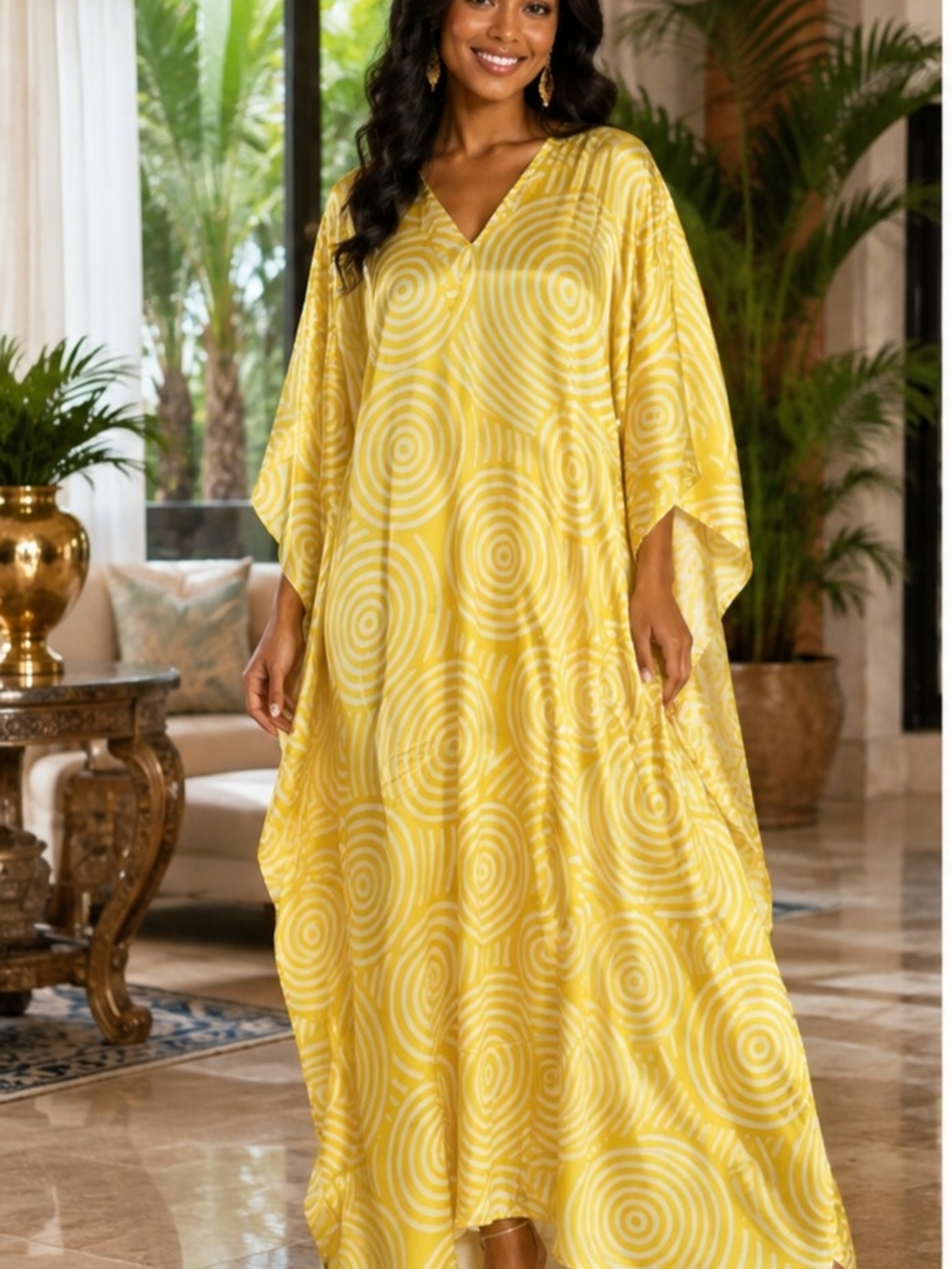 Goddess Yellow Swirl V-Neck Kaftan Maxi Dress